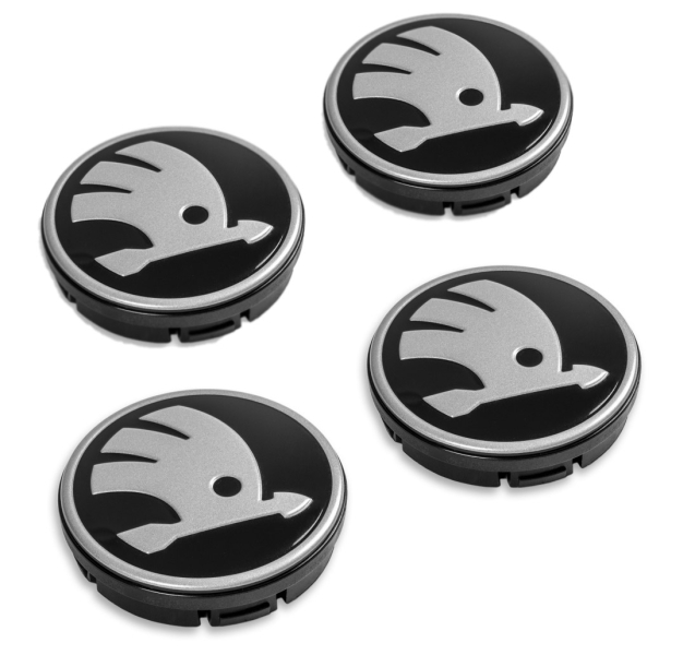 4er-Set Nabendeckel mit SKODA-Logo schwarz / silber matt